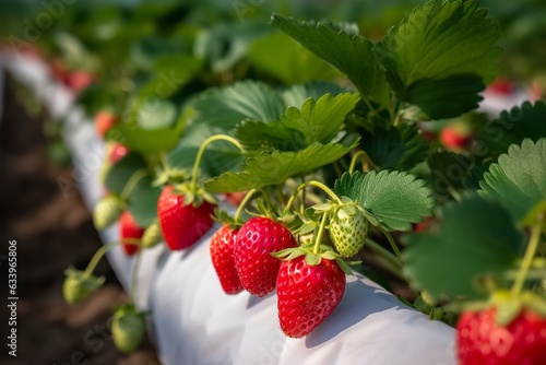 Bush of ripe organic strawberries in the garden. Berry closeup. 