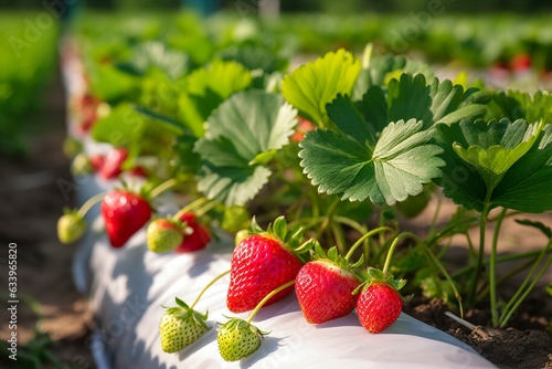 Bush of ripe organic strawberries in the garden. Berry closeup. 