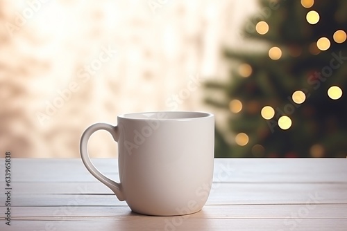 Blank white mug mockup, Christmas background, Generative AI