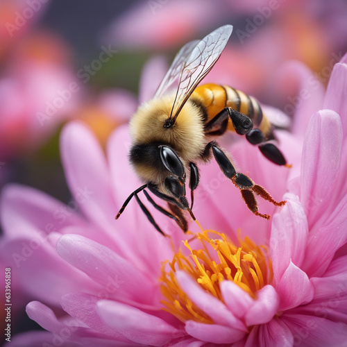 A bee flying over a flower with stamens and rose-colored petals  © hashan