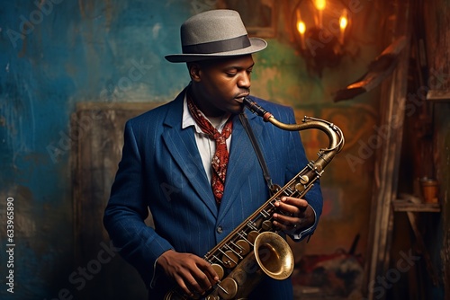 african american jazz musician with saxophone in front of the camera.