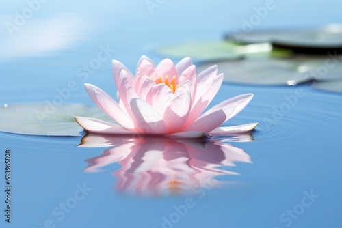 A floating lotus flower on the calm surface of a pond symbolizes the potential for transformation and spiritual growth through the practice of meditation and mindfulness. 