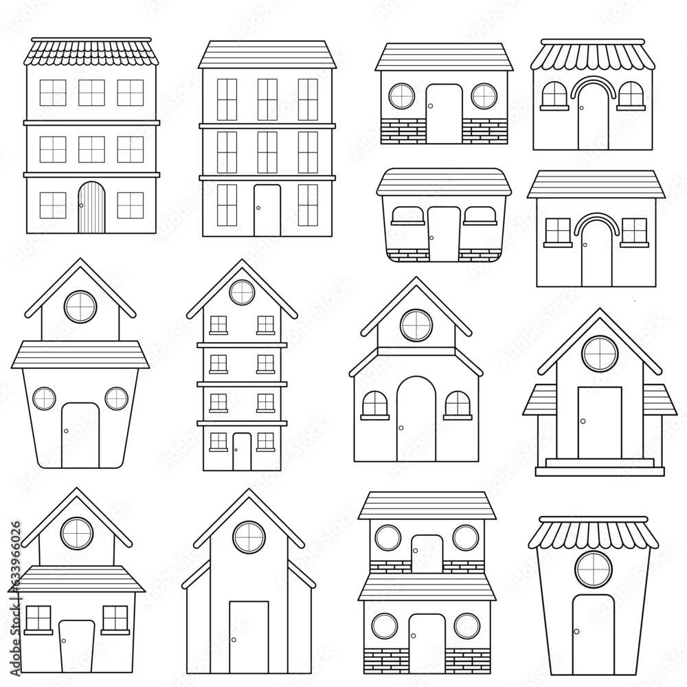 set of houses, house line art doodle illustration 
