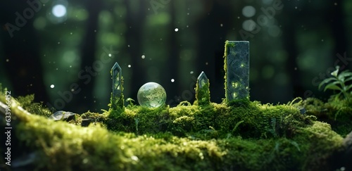 Crystals with moon phases image of moss in a mysterious forest, natural background. 
