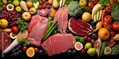 Different types of meats, vegetables, and fruits lay in supermarkets.  photo