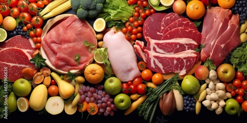 Different types of meats  vegetables  and fruits lay in supermarkets. 