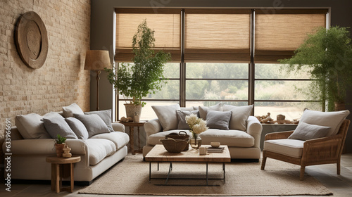 Rustic Charm: A view of roller blinds made from weathered, natural materials, perfectly complementing a cozy, vintage-inspired living space 