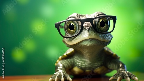 A cute little green turtle with glasses.