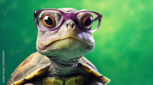 A cute little green turtle with glasses.