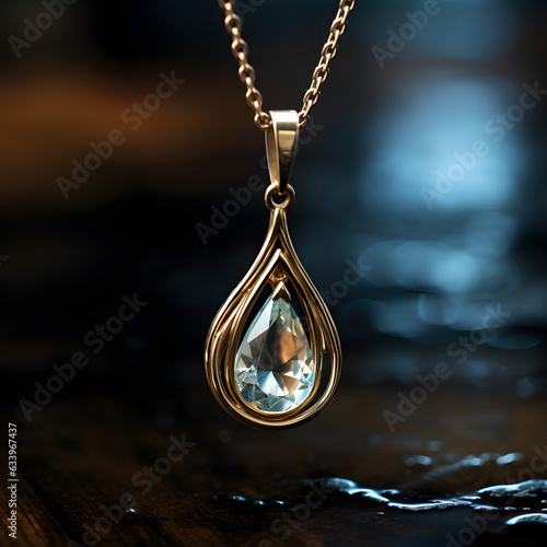 Close-up of a tear-drop-shaped pendant on a piece of jewelry catching the light.