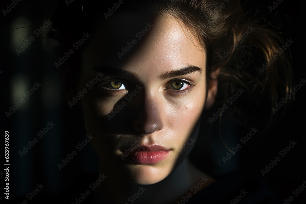 close-up portrait of an actress under dramatic spotlight, her face partially shadowed, revealing a mysterious and intense expression