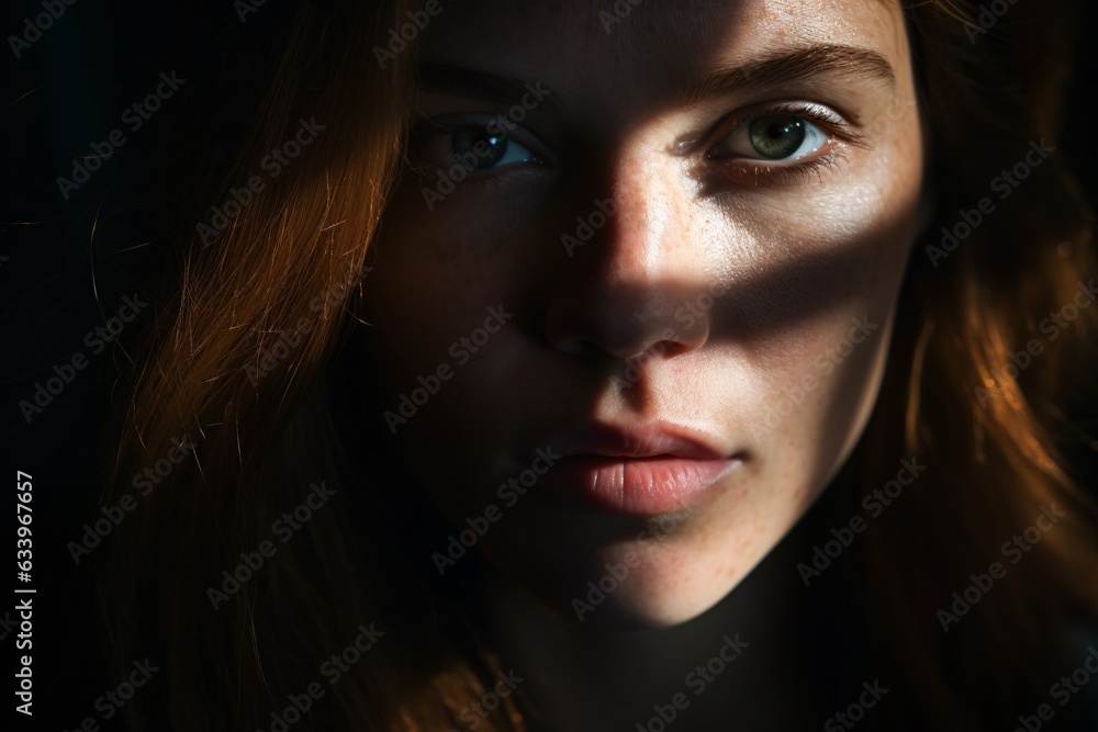 close-up portrait of an actress under dramatic spotlight, her face partially shadowed, revealing a mysterious and intense expression