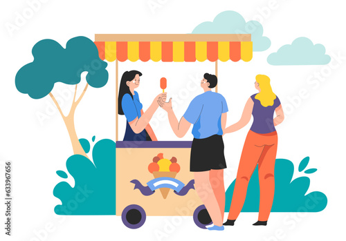 Couple buying ice cream in park amusement vacation