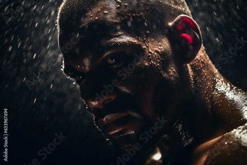 close-up portrait of a boxer in the ring, sweat glistening, lit by harsh overhead lights that create deep shadows and emphasize his determination