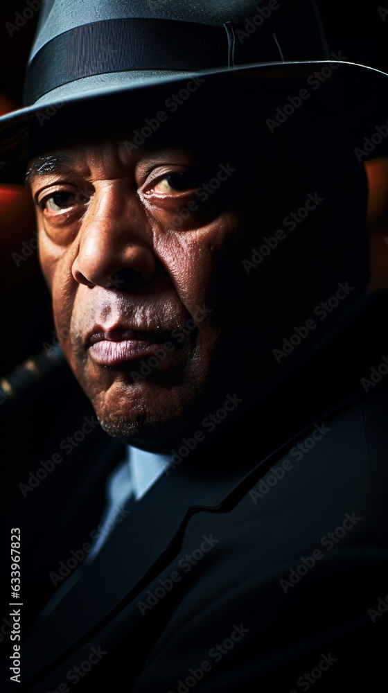 close-up portrait of a seasoned jazz musician, illuminated by a single, dimly lit overhead lamp, casting strong shadows and highlighting his soulful eyes