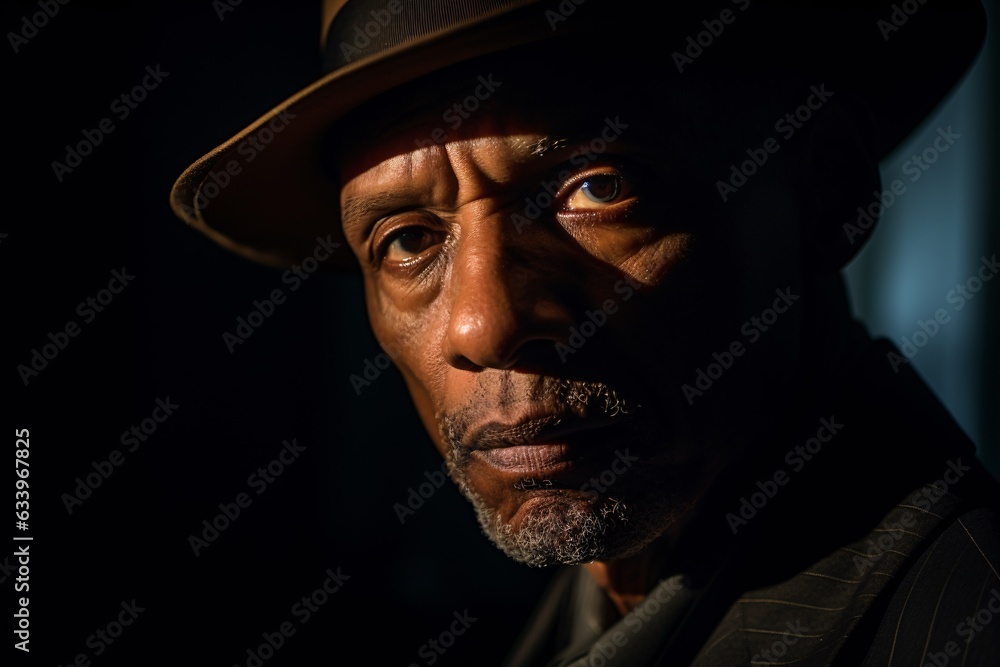 close-up portrait of a seasoned jazz musician, illuminated by a single, dimly lit overhead lamp, casting strong shadows and highlighting his soulful eyes close-up portrait of a seasoned jazz musician, illuminated by a single, dimly lit overhead lamp, casting strong shadows and highlighting his soulful eyes