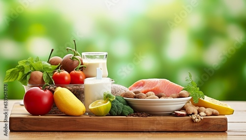 Closeup of vegetables, fruits, and meat on wooden table over green natural background. Generative AI