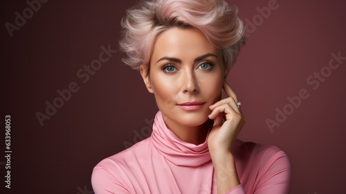 portrait of attractive healthy beautiful old senior age woman elegance confident and stylish hair costume studio shot on colour background,ai generate