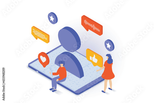 Social media concept in 3d isometric design. People networking, registarate and manage new online profile, chatting and likes friends posts. Vector illustration with isometry scene for web graphic