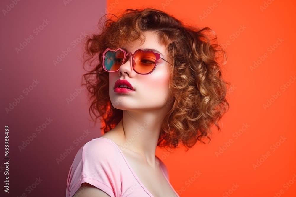 glamour stylish fashion and colour glasses make up design costume beautiful woman studio shot on lolour background playful vibrant summer lifestyle fashion photo shoot with stylish woman,ai generate