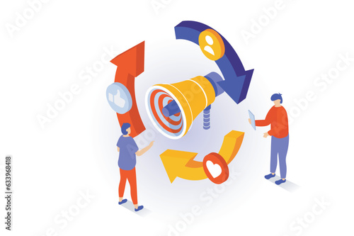 Social media concept in 3d isometric design. People making new posts, collecting followers reactions and sharing information and links in blog. Vector illustration with isometry scene for web graphic