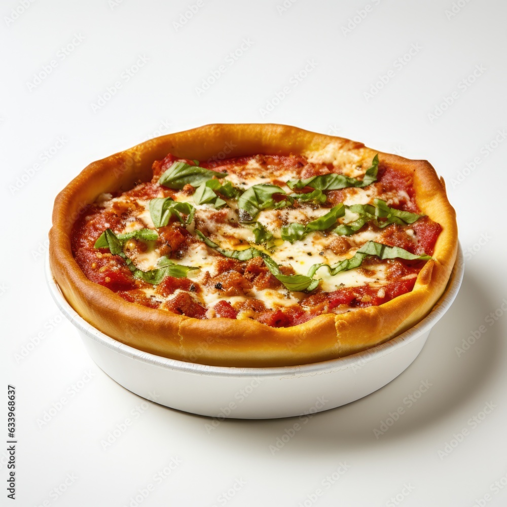 Deep Dish Pizza on plain white background - product photography