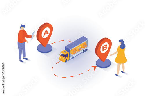 Transportation and logistics concept in 3d isometric design. People use delivery company service for boxes shipping in truck and tracking route. Vector illustration with isometry scene for web graphic
