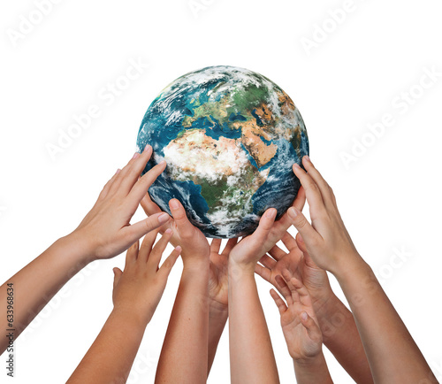 Fototapeta Naklejka Na Ścianę i Meble -  Many children hands holding planet earth isolated on white background