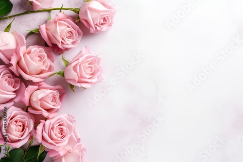 Close up of blooming pink roses flowers and petals isolated on white table background. Floral frame composition. Decorative web banner. Empty space  flat lay  top view. 