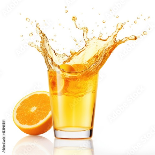 Glass of Orange Juice with a splash on a plain white ba - product photography