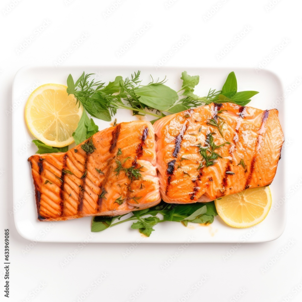 Grilled Salmon on plain white background - product photography Grilled Salmon on plain white background - product photography