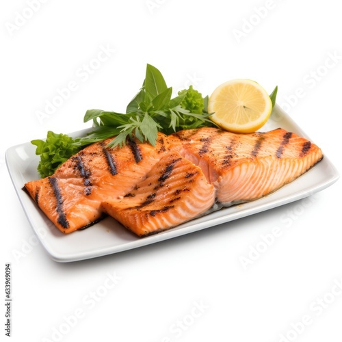 Grilled Salmon on plain white background - product photography