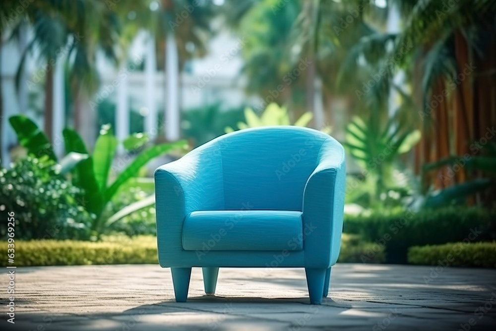 Photo of a modern light blue color armchair alone in the tropical background, AI Generative