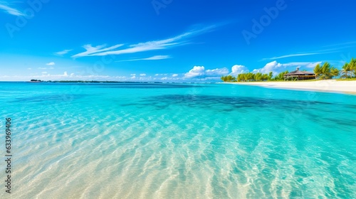 Tropical paradise beach with white sand and crystal clear blue water. Beautiful natural summer vacation holidays background. Travel tourism wide panorama background concept. AI Generative