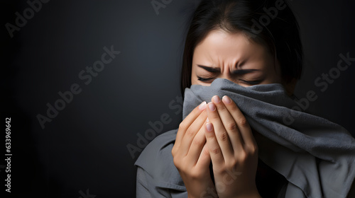Image of a woman wiping away her tears with a handkerchief. photo