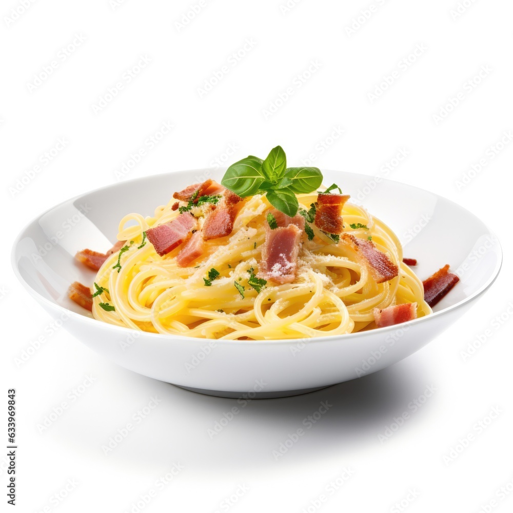 Spaghetti Carbonara on plain white background - product photography