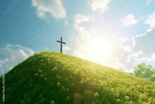 The cross of God with green Leaf, in the rays of the sun and blue sky. Cross on the hill with green trees and graeen natural view. Religious concept.