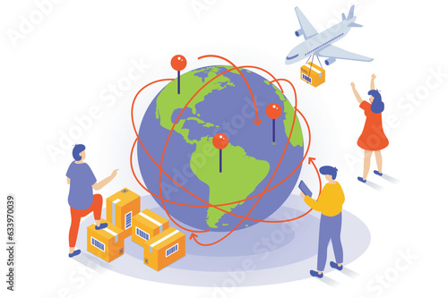 Transportation and logistics concept in 3d isometric design. People work in global delivery company with air freight, export and import service. Vector illustration with isometry scene for web graphic