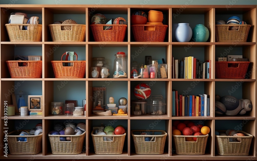 Toy & Book Organizer Grid System for Clutter Control. Generative AI