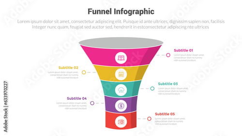 funnel shape infographics template diagram with 3d cylinder funnels and 5 point step creative design for slide presentation