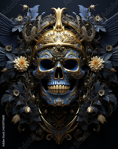 the skull with a golden crown and wings