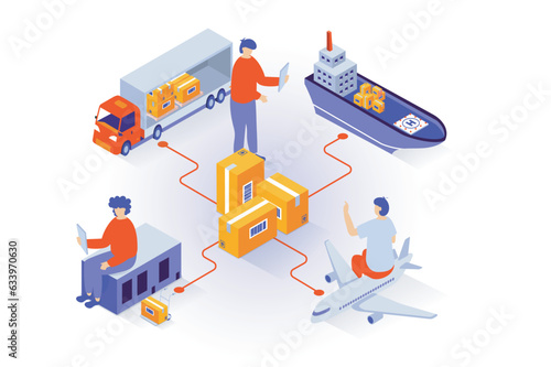 Transportation and logistics concept in 3d isometric design. People working in global delivery company with developed shipping infrastructure. Vector illustration with isometry scene for web graphic