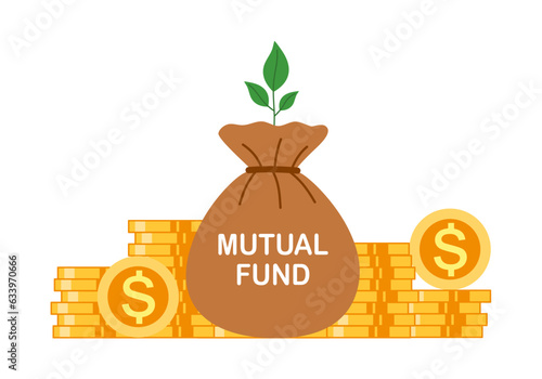 Mutual fund investment concept vector illustration. Money bag and dollar coins on white background.