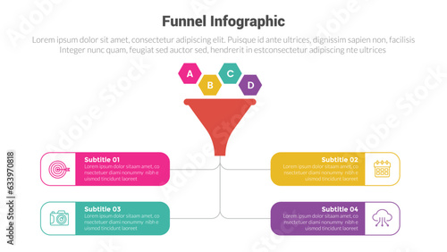 funnel shape infographics template diagram with funnels honeycomb income and results and 4 point step creative design for slide presentation