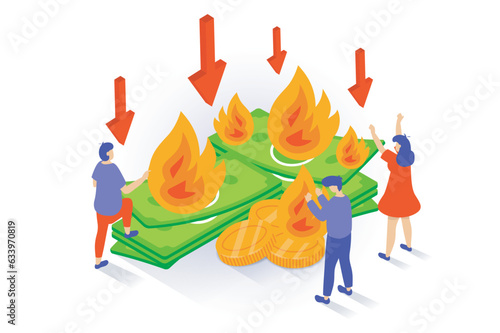 Unemployment and crisis concept in 3d isometric design. People losing their job and have financial problem, bankruptcy and burning money. Vector illustration with isometry scene for web graphic