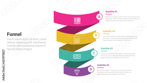funnel shape infographics template diagram with round wave ribbon and 4 point step creative design for slide presentation
