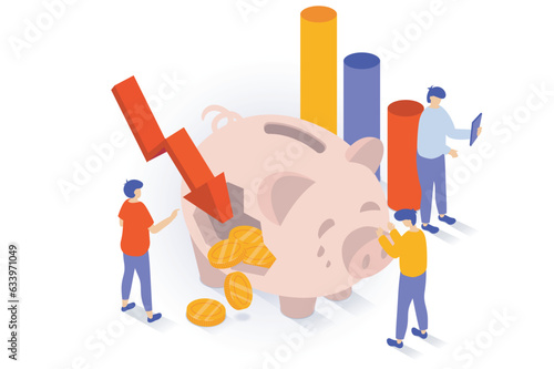 Unemployment and crisis concept in 3d isometric design. People have financial problems and money recession, break piggy bank and lose savings. Vector illustration with isometry scene for web graphic