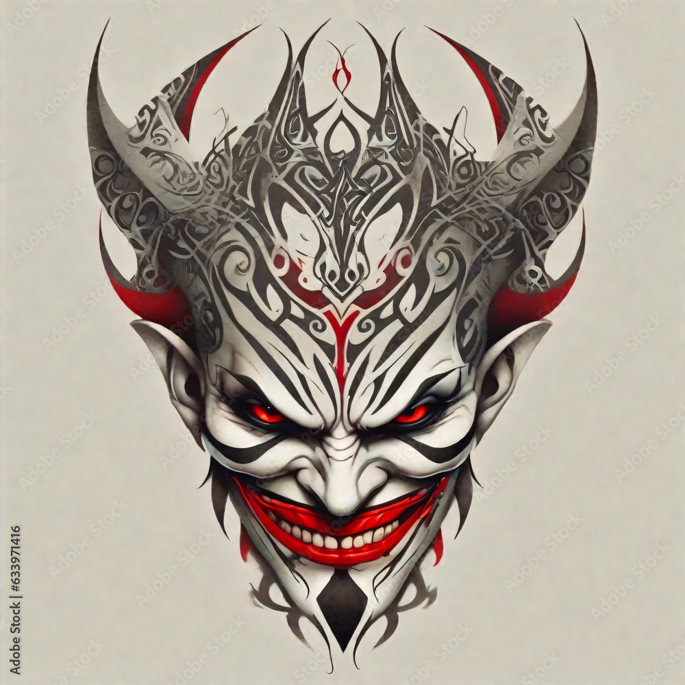 Evil, sinister joker mask with intricate design Evil, sinister joker mask with intricate design