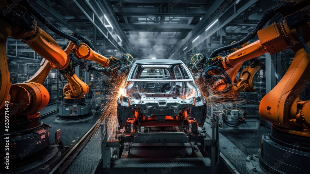 Car bodies are on assembly line. Factory for production of cars. Modern automotive industry. Car bodies are on assembly line. Factory for production of cars. Modern automotive industry.