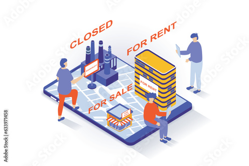 Unemployment and crisis concept in 3d isometric design. People closed their businesses and companies and offer premises for sale and rent. Vector illustration with isometry scene for web graphic